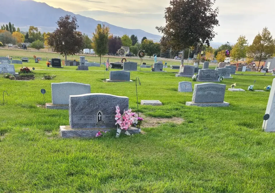 Gravestones in a cemetery with mountain backdrop.